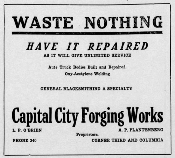 graphic - An advertisement for the Capital City Forging Works - circa 1925